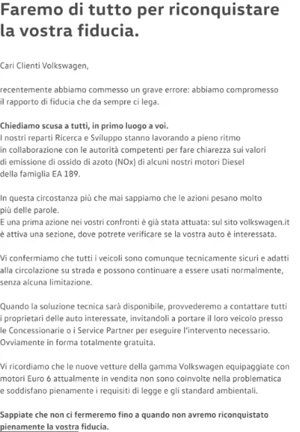 Le scuse pubbliche di Volkswagen tramite l'inserzione sui giornali-ilpost