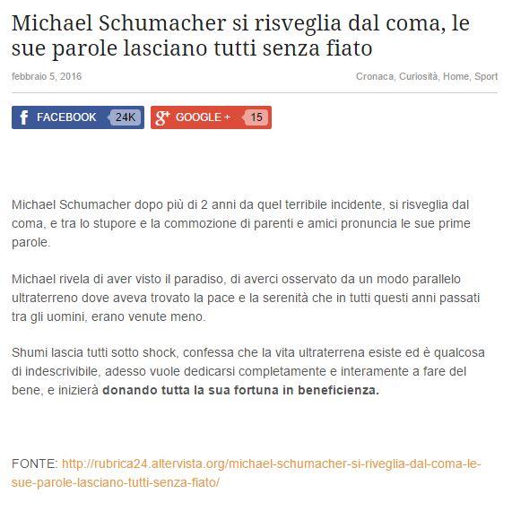 Schumacher si risveglia dal coma: la notizia è falsa